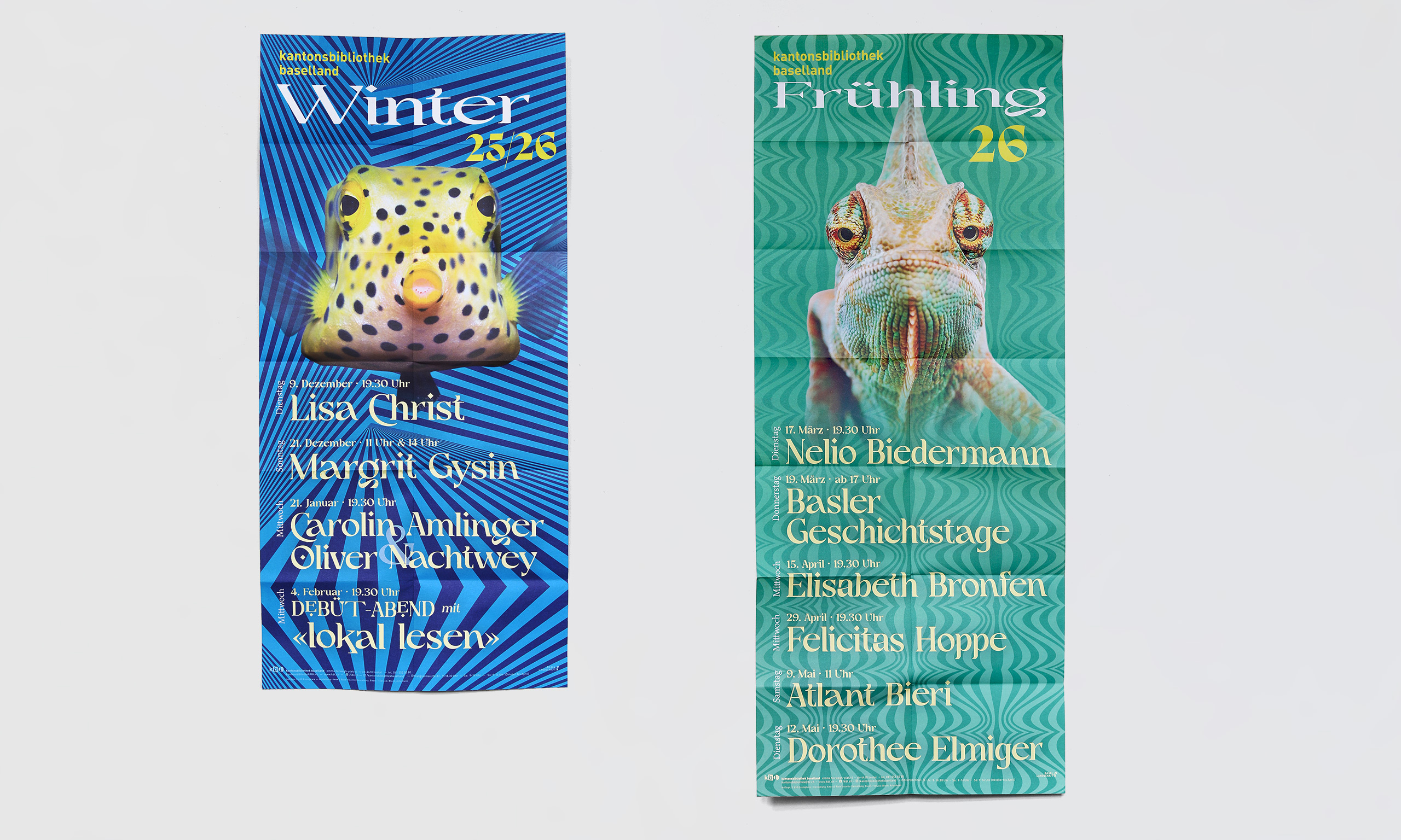 Plakate des Saisonprogramms der Kantonsbibliothek Baselland