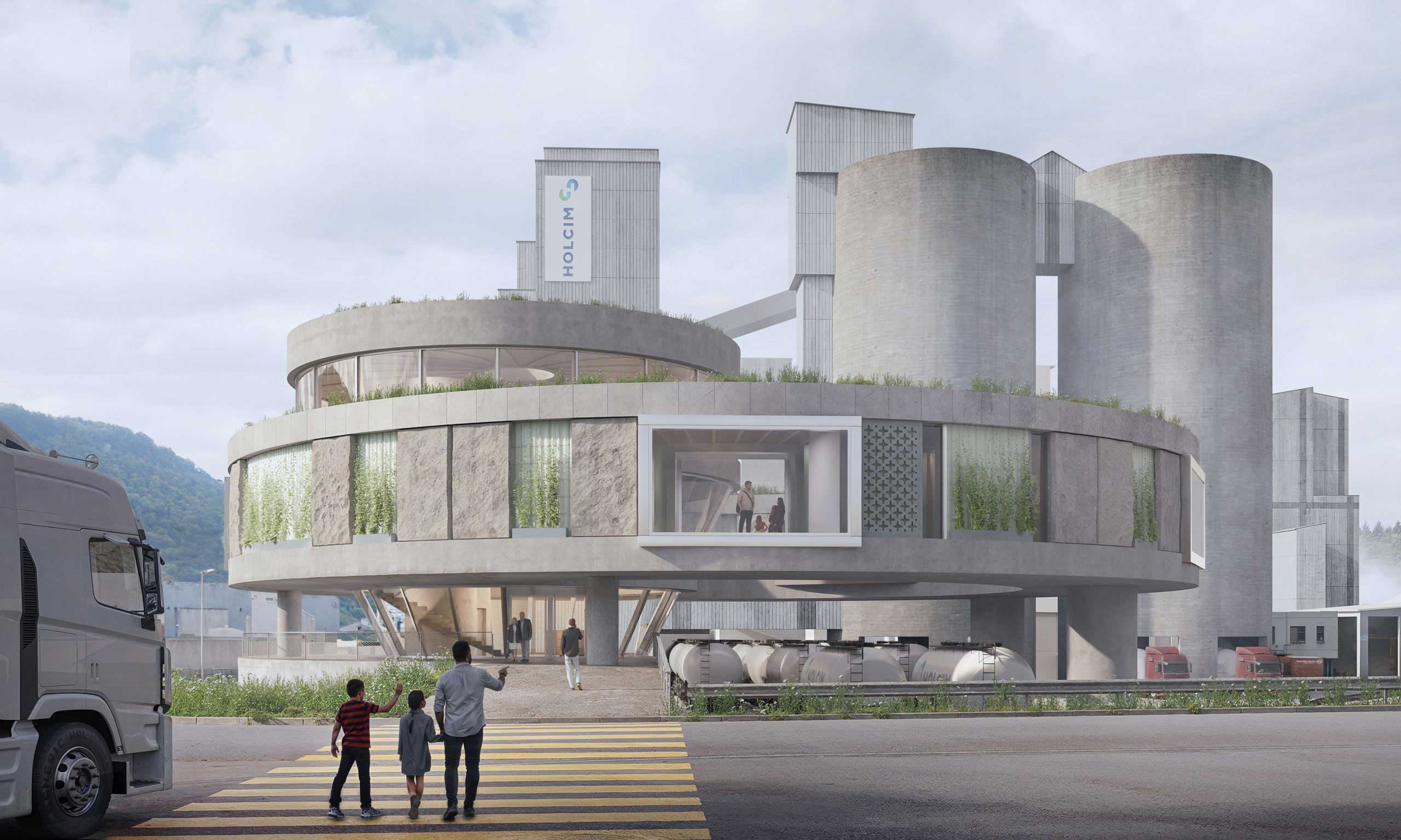Architektur-Entwurf für das Holcim Besucherzentrum/Besucher-Lab. Ansicht vom Parkplatz her kommend.